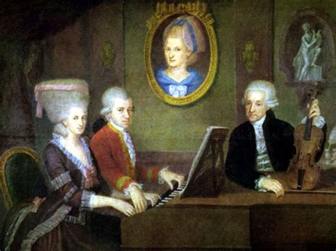 The Mozart family. Wolfgang and Nannerl at the piano; Leopold with with ...