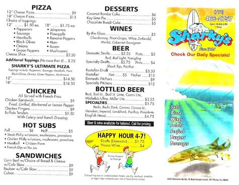 Menu at Sharky's restaurant, Fort Pierce