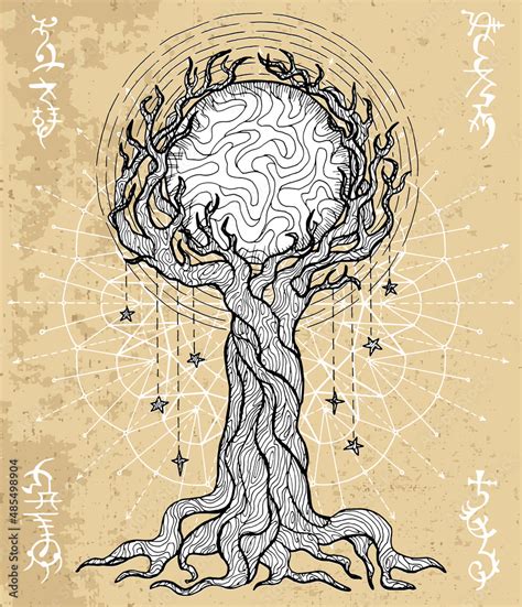 Mystic fantasy tree line art vector illustration with occult and ...