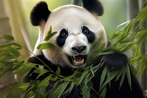 Premium Photo | Panda eating bamboo shoots and leaves panda chews ...