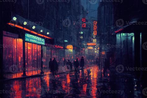 Rainy night background, neon street in city with lights generative ai ...