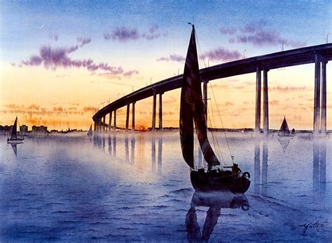 San Diego, Coronado Bridge sunset Painting by John YATO - Pixels