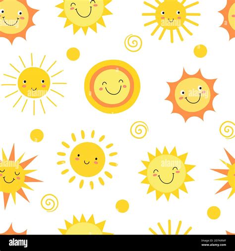 Sun seamless pattern. Summer hot weather sunshine heat funny. Doodle sun vector endless texture ...