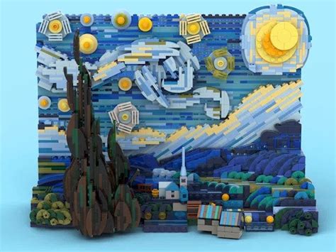 A Colorful LEGO Reinterpretation of the Iconic Painting 'The Starry Night' by Vincent van Gogh