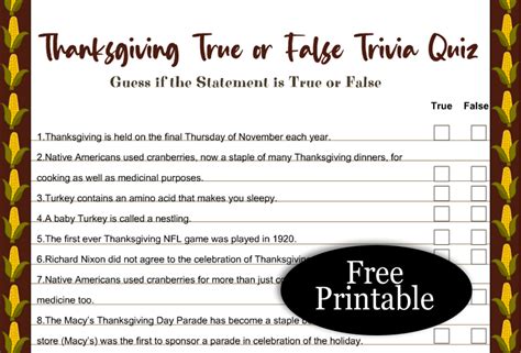 Free Printable Thanksgiving True or False Trivia Quiz