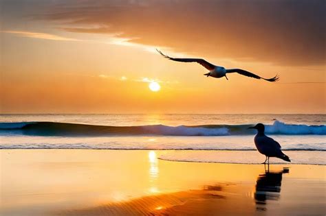 Premium AI Image | seagulls flying in the sunset on a beach