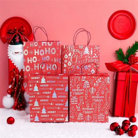 Medium Christmas Paper Goodie Bags with Handles 260x320x120mm - 48pcs