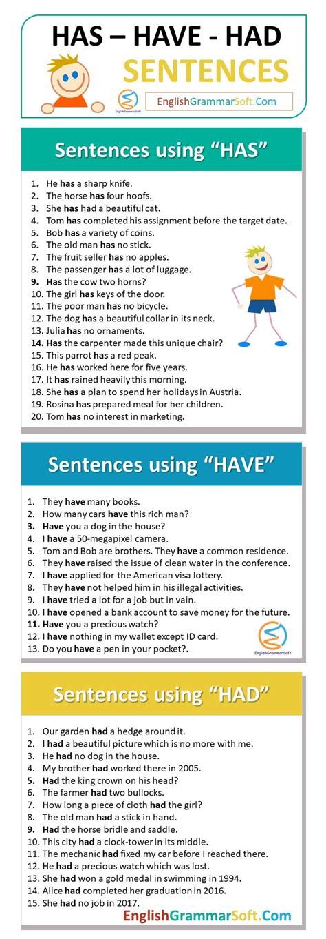 Has Have Had use in sentences | 50 Examples | Basic english sentences, English vocabulary words ...