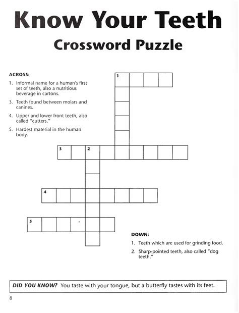 Know Your Teeth Crossword puzzle | Free Printable Puzzle Games