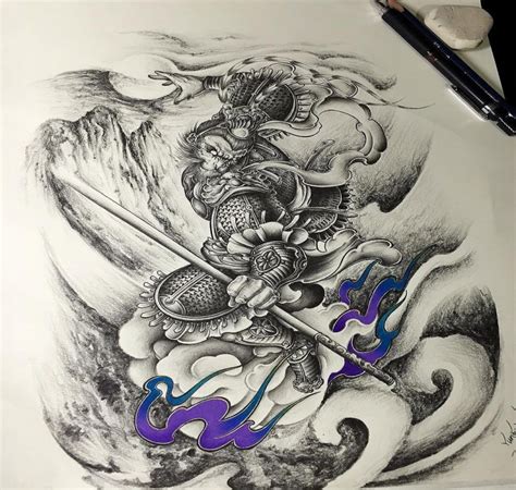 Armored monkey king with stick in chinese style tattoo design ...