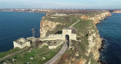 Gate of ancient fortress Kaliakra on a cape Kaliakra. Aerial view., Stock Footage