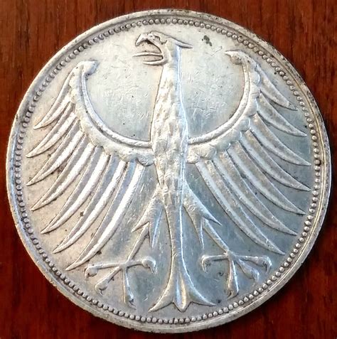 1951-F Silver 5 Deutsche Mark Coin Germany FREE SHIPPING