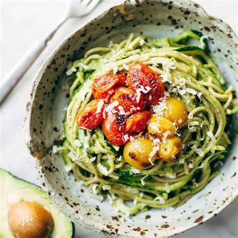 Burst Tomato and Zucchini Spaghetti with Avocado Sauce Recipe - Pinch of Yum