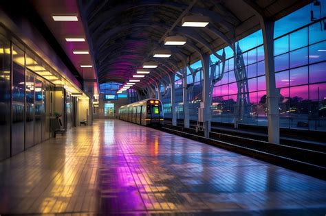 Premium AI Image | A train station with a pink and blue sky behind it