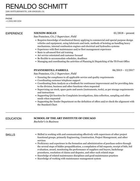 Supervisor, Field Resume Samples | Velvet Jobs