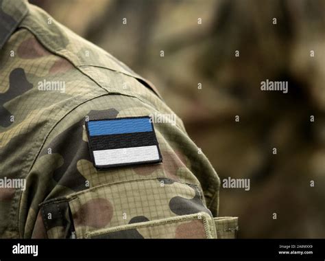 Flag of Estonia on military uniform. Army, troops, soldiers. Collage ...