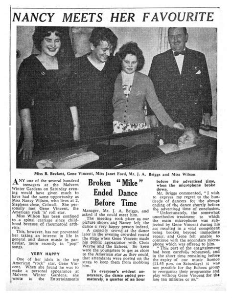 Newspaper cutting from the Malvern Gazette about Gene Vincent at ...