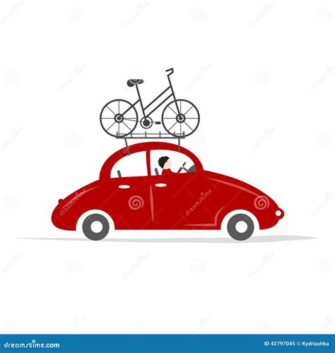 Man Driving Red Car With Bike On The Roof Rack Stock Vector - Image ...