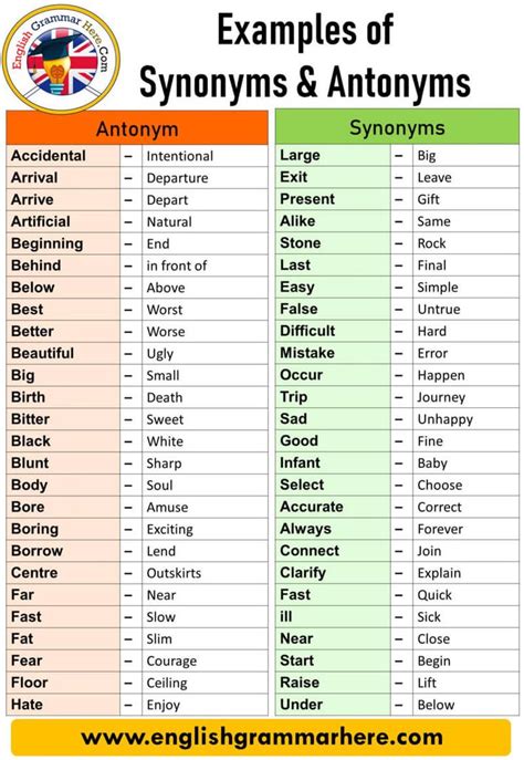 English 100 Examples of Synonyms and Antonyms Vocabulary Antonym ...