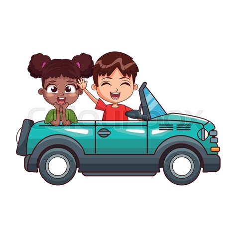 Cartoon two smiling kids driving car ... | Stock vector | Colourbox