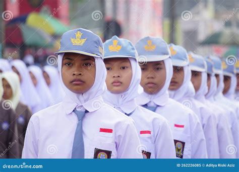 Indonesian Senior High School Students with Uniforms, Marching To Celebrate Indonesian ...