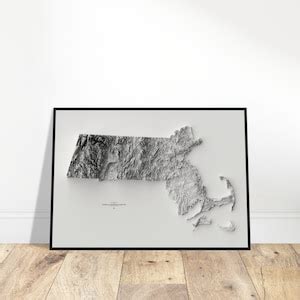 Massachusetts Elevation Map, Wall Art Topographic Print, Cartography ...