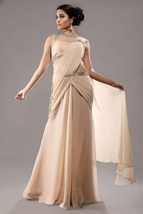 Shop Online Gold Stitched Gown Sari - AD Singh