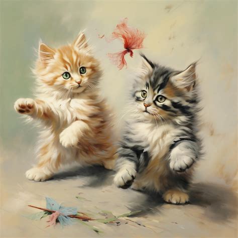 Premium AI Image | Two kittens playing with a dangling feather toy