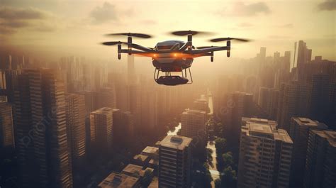 Drone Is Flying Over A City With Tall Buildings Background, 3d Rendering Delivery Drone Flying ...