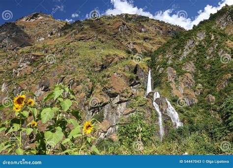 Waterfall in Himalayas stock image. Image of flowers - 54447043