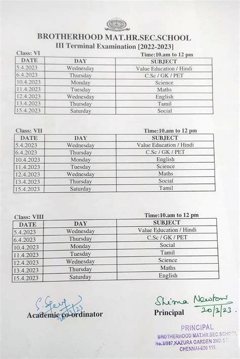 6 to 8 – Annual Exam Time Table – 2023 – BROTHERHOOD MATRIC. HR. SEC. SCHOOL