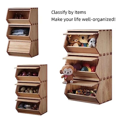 unununu Stackable Solid Wood Storage Bins with Lids,Wooden Toy Box ...