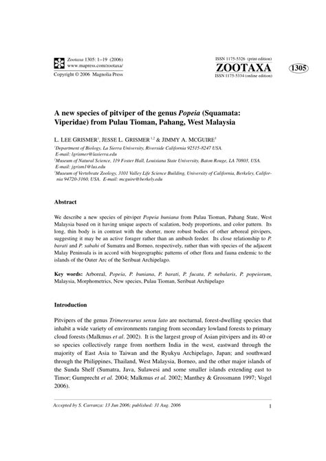 (PDF) A New Species Of Pitviper Of The Genus Popeia (Squamata: Viperidae) From Pulau Tioman ...