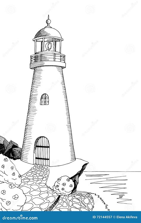 Lighthouse Graphic Art Black White Sea Landscape Illustration Stock ...