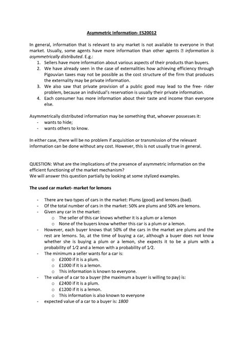 Asymmetric Information and moral hazard 1 - Asymmetric Information- ES In general, information ...