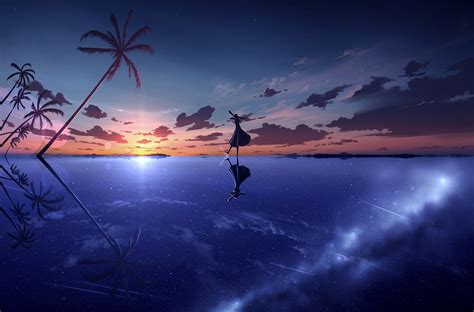 anime, artwork, digital art, sky, nature, skyscape, landscape, clouds, dusk, sunset, evening ...