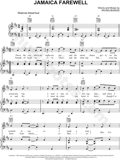 Harry Belafonte "Jamaica Farewell" Sheet Music in D Major (transposable) - Download & Print ...