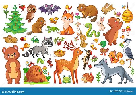 Vector Set with Animals and Birds in a Children`s Style. Stock ...