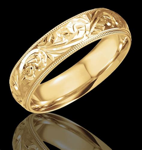 6MM Hand Engraved 14K Yellow Gold Wedding Band | Wedding band engraving ...