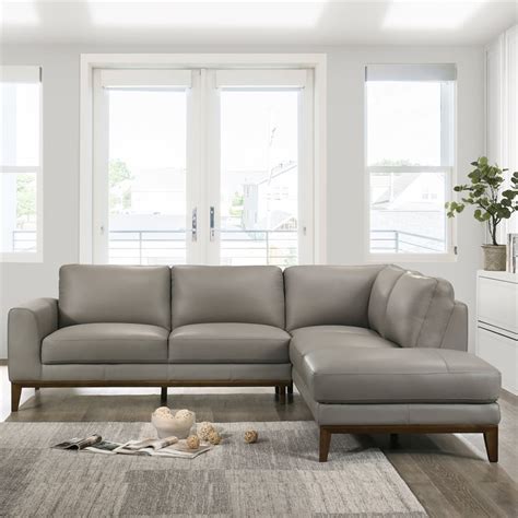 Allora Mid Century Modern Leather Right Chaise Sectional Sofa in Gray ...