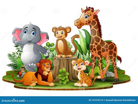 Happy Animals Cartoon in the Park with Green Plants Stock Vector - Illustration of friendly ...