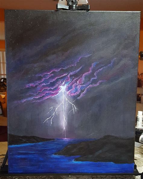 A beautiful acrylic painting of a stormy night on black canvas 16x20. I ...