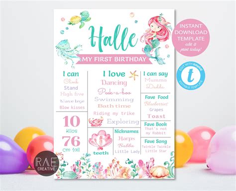 Mermaid First Birthday Board Milestone Poster • Editable Template • 1st ...