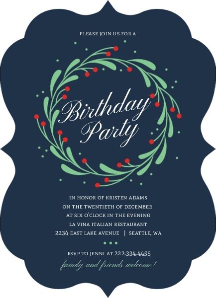 Whimsical Mistletoe Wreath Christmas Birthday Party Invitation | Christmas Birthday Invitations