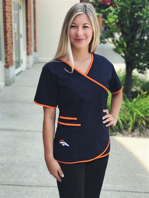 Denver Broncos Women's Mock Wrap NFL Scrub Top | Medical scrubs outfit ...