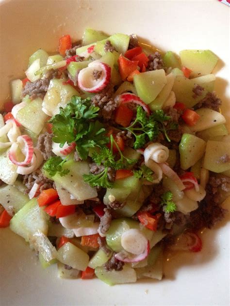 Ginisang sayote "chayote" a vegetable, with groundbeef and crabstick | Cooking recipes, Cooking ...