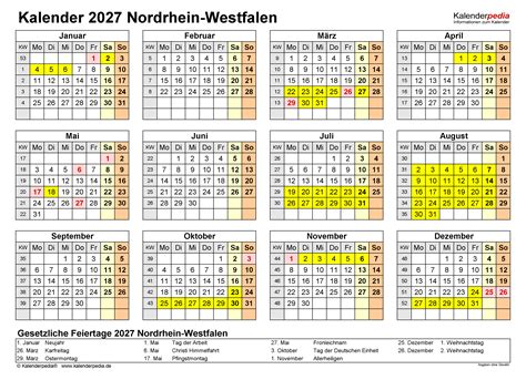 Kalender 2027 NRW: Ferien, Feiertage, PDF-Vorlagen