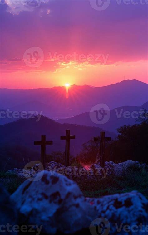 AI generated Crucifixion and Resurrection of Jesus at sunset. Three wooden crosses against ...