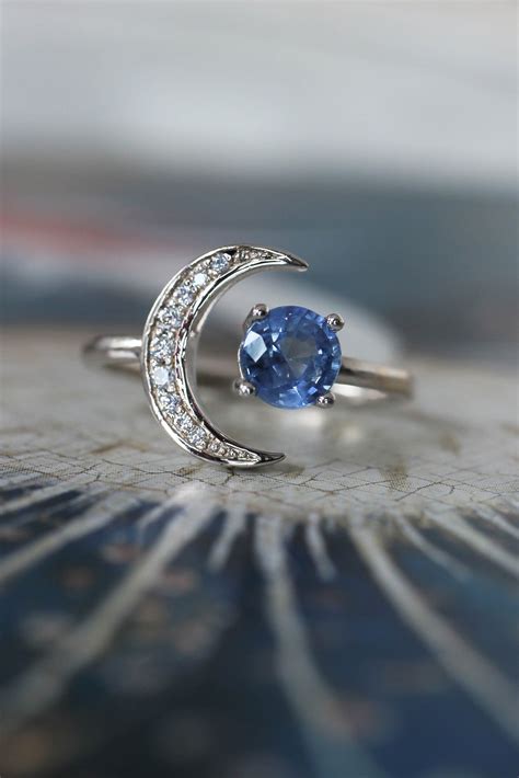 Crescent moon engagement ring with sapphire and diamonds | Eden Garden Jewelry™