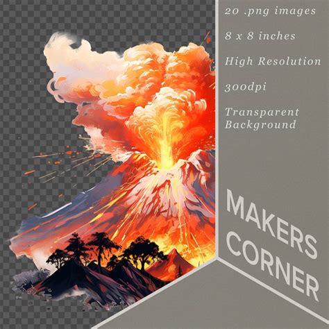 Destructive Volcanoes Clip Art Collection for Art and Design, Watercolor Beautiful Landscapes ...